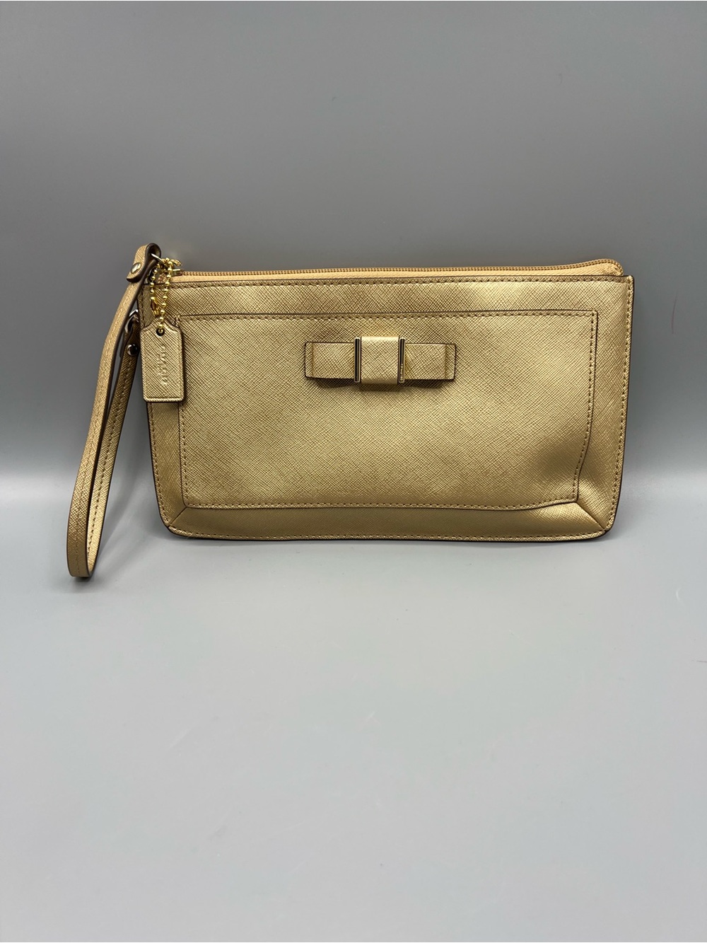Coach Darcy Gold Metallic Leather Bow Wristlet Wallet Clutch